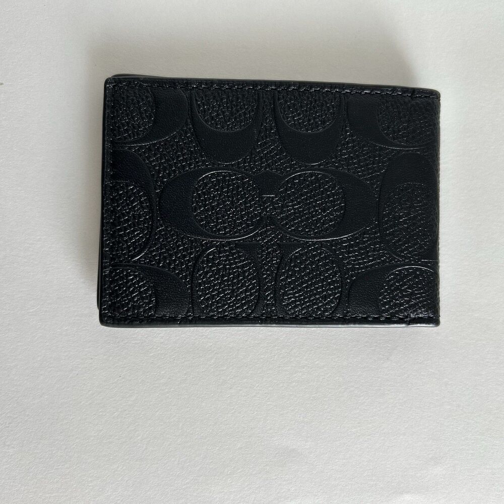 Coach Men's Signature Debossed Leather ID Wallet Black Card Cas - Picture 2 of 6